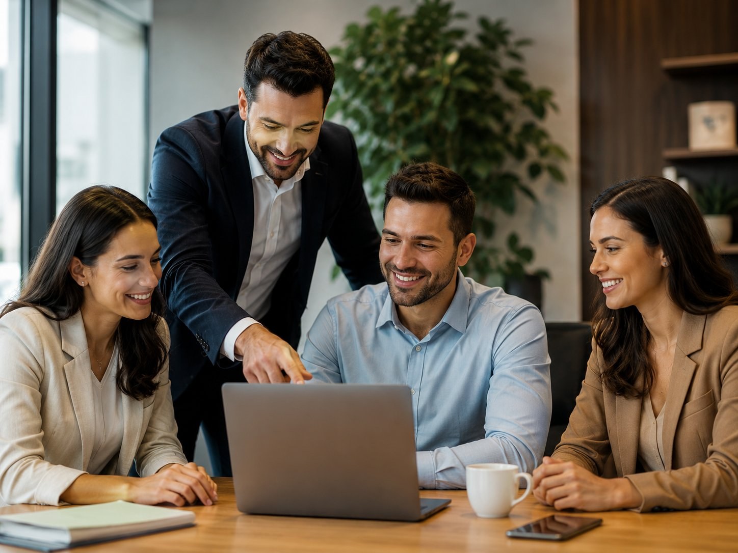 Equipe da Organize Capital colaborando ao redor de um notebook em ambiente de escritório